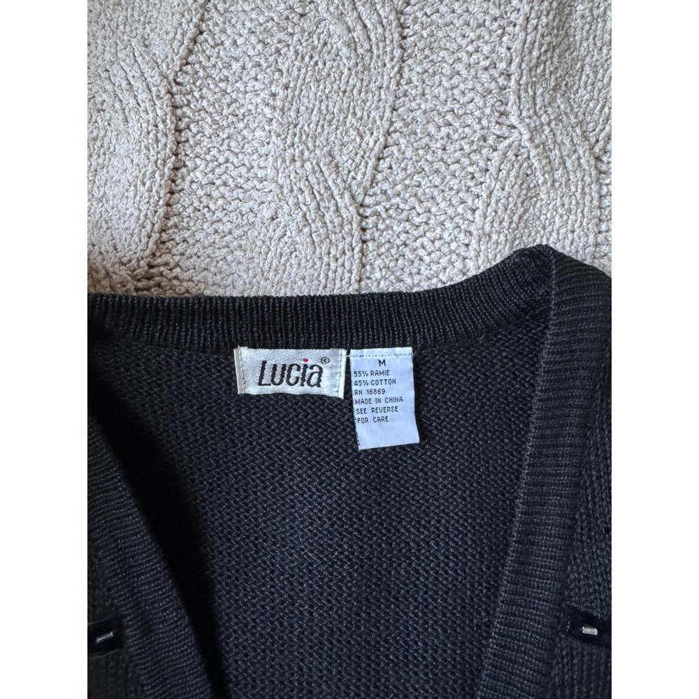 Lucia Vintage Black Knit Sweater Vest Floral Beaded Button Front Ramie Cotton M - Picture 2 of 4
